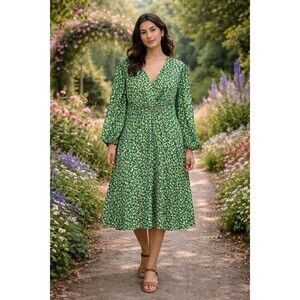 London Times  Women Dress Midi Stretchy Green Floral Long Sleeve  Size 16W